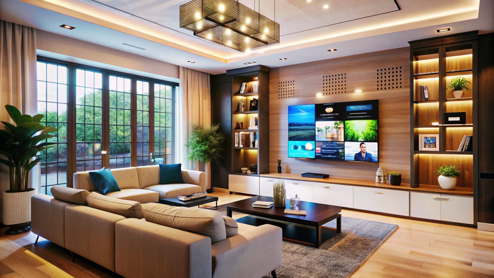 Modern living room with large TV and sectional sofa. Savant