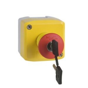 Estación de control - plástico - tapa amarilla - 1 pulsador seta rojo 40mm - desbloqueo con llave - 1 NA + 2 NC - SCHNEIDER XALK188G